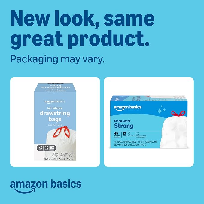 Amazon Basics Tall Kitchen Drawstring Trash Bags, Clean Fresh Scent, 13 Gallon - Image 2