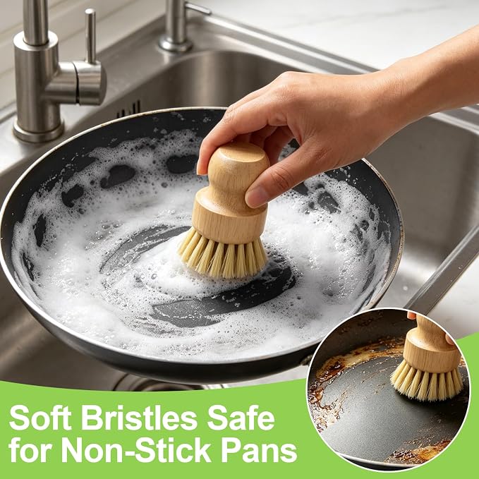 Bamboo Dish Brush Set with Holder, 2 Sisal & 1 Palm Scrub Brush | Natural - Image 6