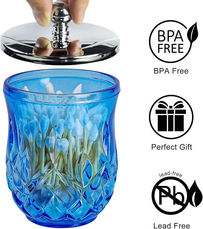 10Oz Blue Q-Tip Holder, Round Thick Glass & Metal Lid - Image 5