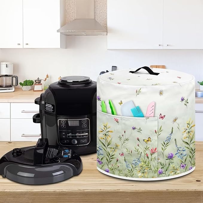 Dust Cover for 3 Quart Pressure Cooker and Extra Accessories, Dust Proof Easy to Clean Cover Electric Appliance Air Fryer Accessories with Storage Pocket, Floral Green
