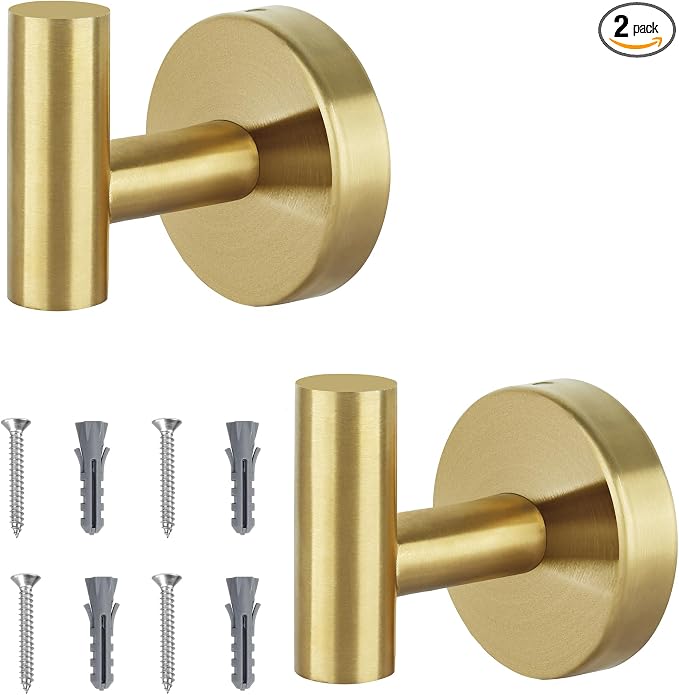 Towel Hooks for Bathroom 2 Packs Screw- in Gold Wall Mount Towel Holder Towel by Homagic