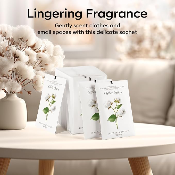 MYARO 12 Pack White Cotton Scented Sachets, Closet Deodorizer Car Freshener - Image 6