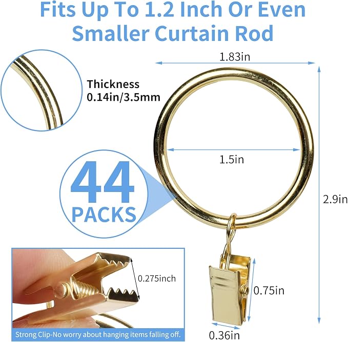 Curtain Rings with Clips, 44 Pack Metal Drapery Rings with Clips Hooks Hangers - Image 2