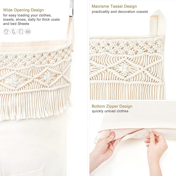 Mkono Macrame Hanging Laundry Hamper Bag Over The Door Organizer Laundry Bag - Image 3