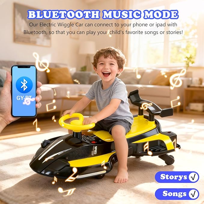 12V Electric Wiggle Car Ride On Toy, Swing Car with Pedal, for Kids from Ages 3 and Up, Birthday Gifts for Boys and Girls, Anti-Rollover, Flashing Wheels, Bluetooth (BlackYellow)