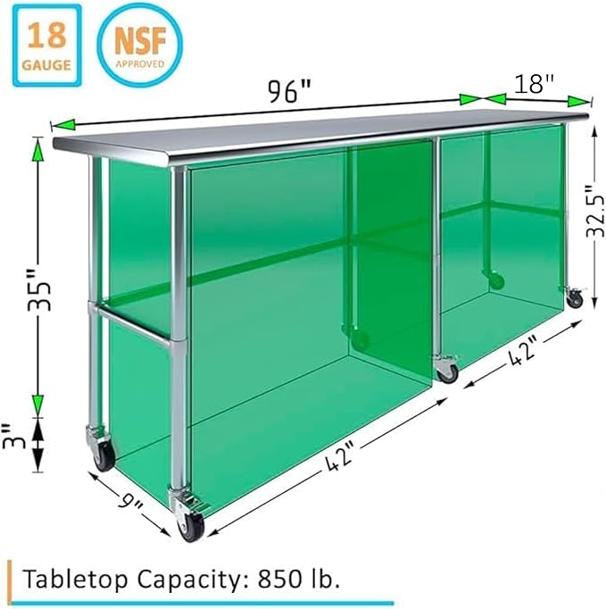 Stainless Steel Work Table Open Base & Wheels | Work Station | Metal Work Bench (Stainless Steel Work Table Open Base + Casters) (96" Long x 18" Deep)