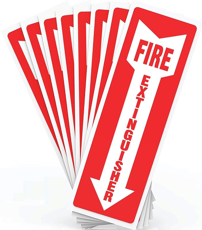 Fire Extinguisher Signs, Safety Sign Sticker - 4 Pack - 4" X 12" - 5 Mil Vinyl Bright Red and White Colors - Durable Self Adhesive, Weatherproof & UV Protected Ideal for Home, Office or Boat