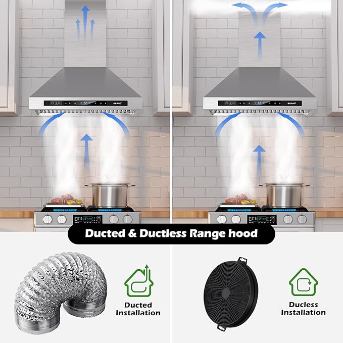 Wall Mount Range Hood 36 inch，900 CFM Kitchen Hood with Voice/Gesture/Touch Control，Vent Hood in Stainless Steel With Ducted/Ductless Convertible, 4 Speed Exhaust Fan