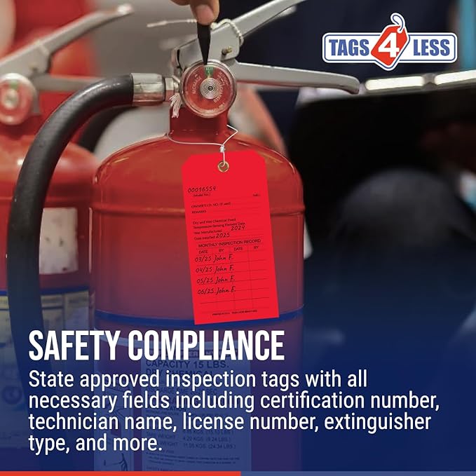Tags 4 Less Custom Fire Extinguisher Tags – Preventative Maintenance Labels for Monthly Inspections, Alternative to Safety Sticker for Easy Record-Keeping – Pack of 100 (Red, Vinyl Plastic)