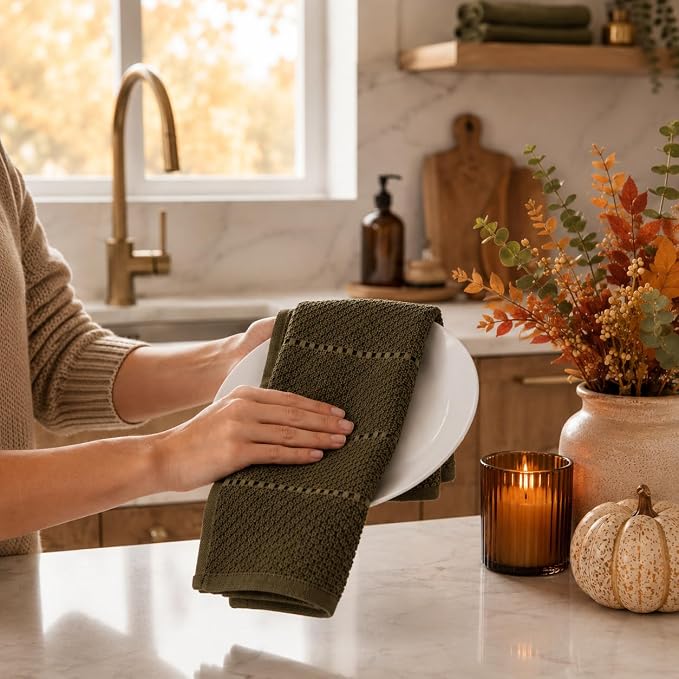 Olive Green Kitchen Hand Dish Towels, 100% Cotton - Image 4