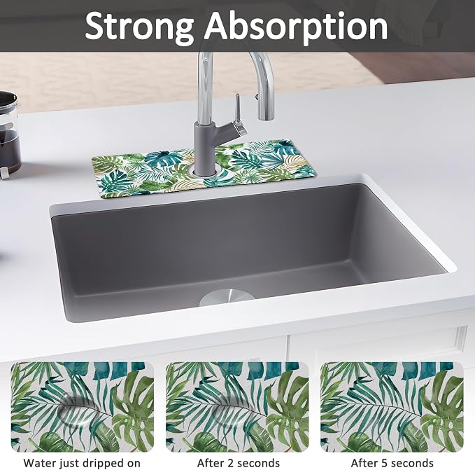 2PCS 15" X 5.5" Kitchen Sink Splash Guard Faucet Mat Leaf Super Absorbent Fast - Image 3