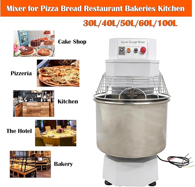 60L Commercial Dough Mixer 220V 3KW Dual Rotating Dough Kneading Machine with Stainless Steel Barrel/Security Cover/Timer Function Electric Stand Spiral Mixer for Restaurant Bakery Pizzeria