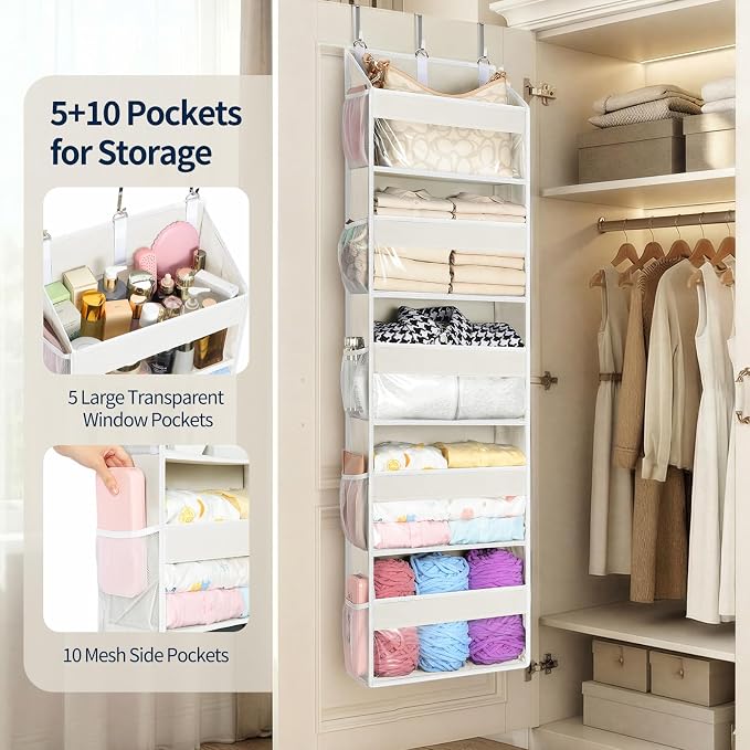 Yecaye 5 Tier Clear Over the Door Organizer Hanging, 5 Large Plastic Pockets - Image 3