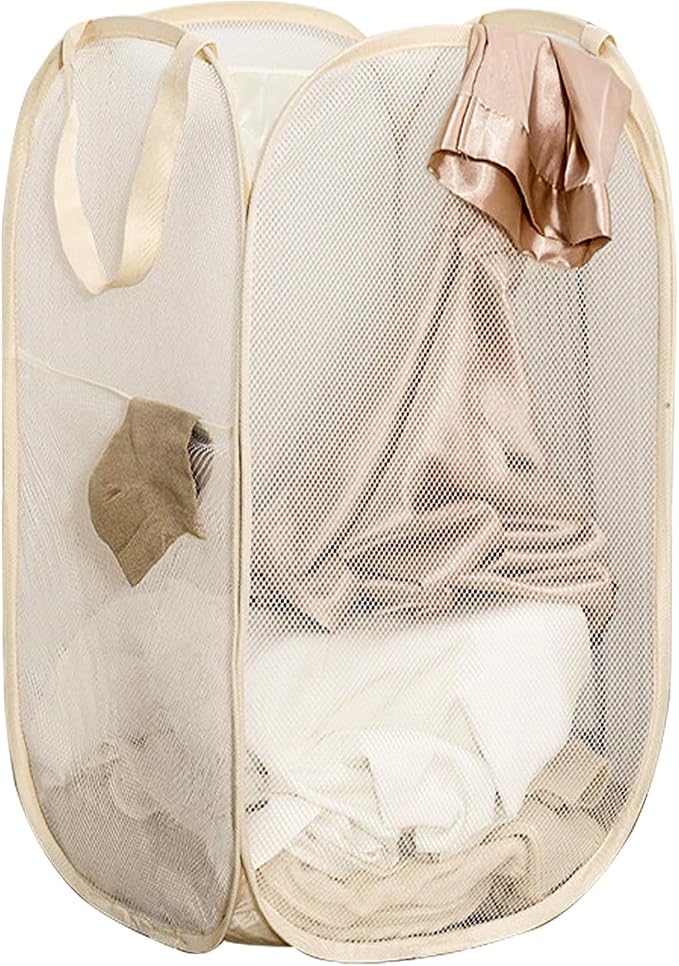 Pop Up Laundry Basket Folding Laundry Hamper Mesh Hamper Storage Bin | Beige by Aplter