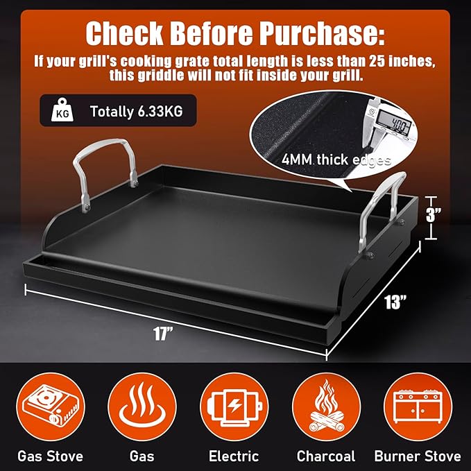 Griddle for Gas Grill, Flat Top Cast Iron Griddle Insert for Outdoor Gas 17" x13" Nonstick Coating Cooking Skillet Pan Teppanyaki for Weber Charbroil Camp Chef Charcoal Electric