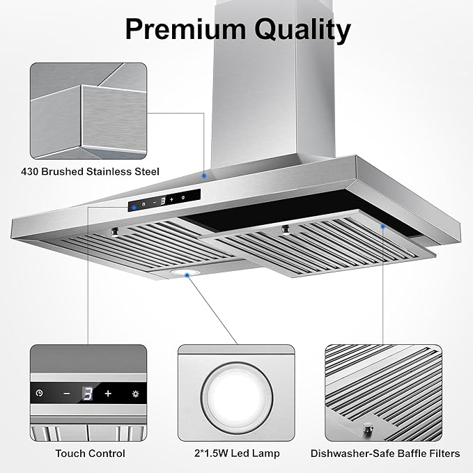 Range Hood 30 inch, Vent Hoods 30 inch Stainless Steel, 450 CFM Ductless/Ducted Convertible Kitchen Hood with LED Light Baffle Filters, 3 Speed Exhaust Fan,Touch Control