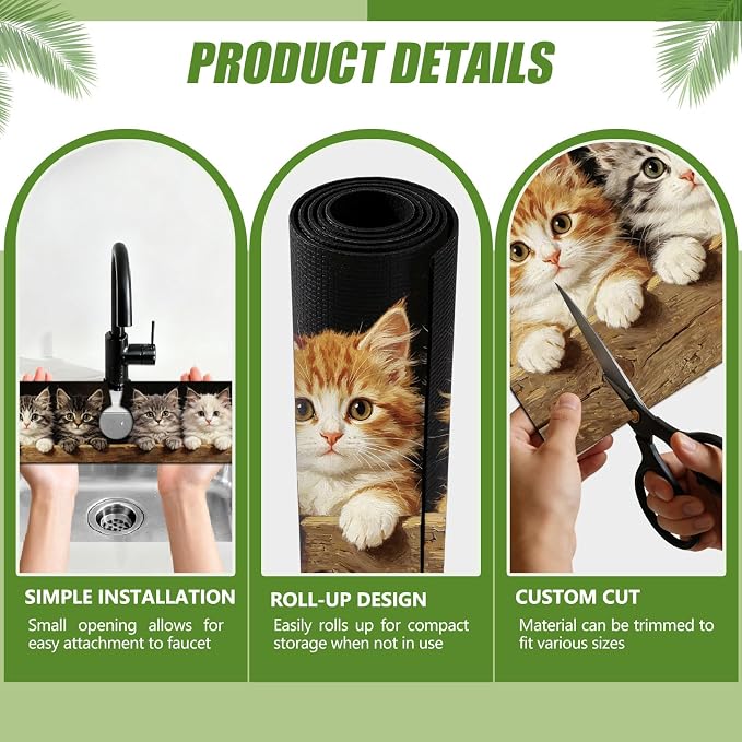 3 Pcs 2 Size Kitchen Sink Splash Guard Faucet Mat Cute Cat Pattern Faucet Mat - Image 3