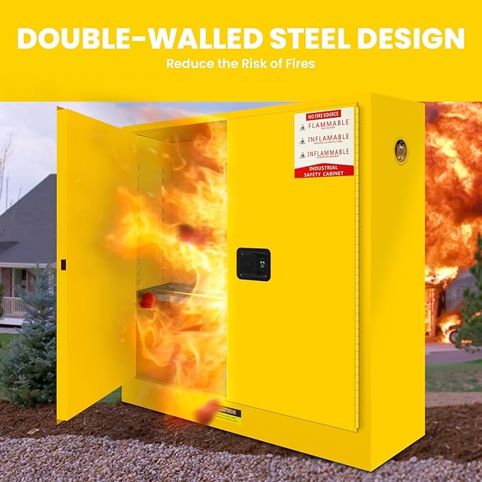 Flammable Storage Cabinet 60 Gallon Yellow, Galvanized Steel Large-Capacity Hazardous Storage Cabinet, Dual Vents & 3-Point Lock for Warehouses, Industrial Use & Residential Garages