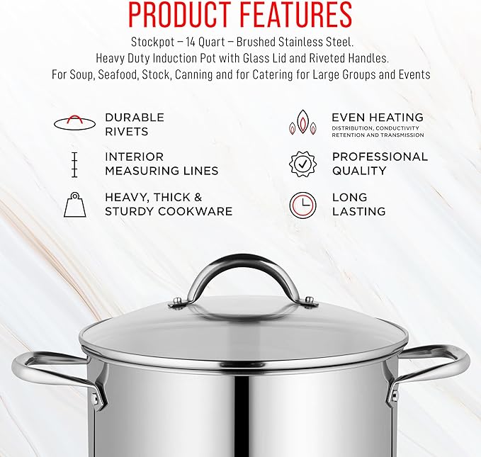 Stainless Steel Stockpot with Tempered Glass Lid 14 Quart, Durable 18/0 Stainless Steel, Impact-Bonded Base for Even Heating, Riveted Handles, Oven & All Stove Compatible, Safe Up To 500°F (260°C)