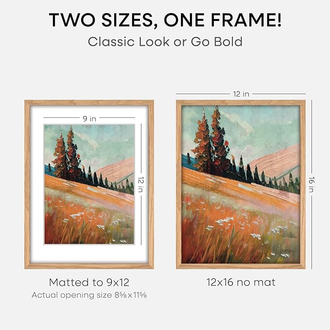 Homeforia 12x16 Wood Frame, High End Natural Oak 12x16 Light Wooden Picture Frame with Mat 9x12, 12 x 16 Poster Frames Matted to 9 by 12 Photo, 16x12 Hanging Frames, Tempered Glass, Wall Kit, Set of 3
