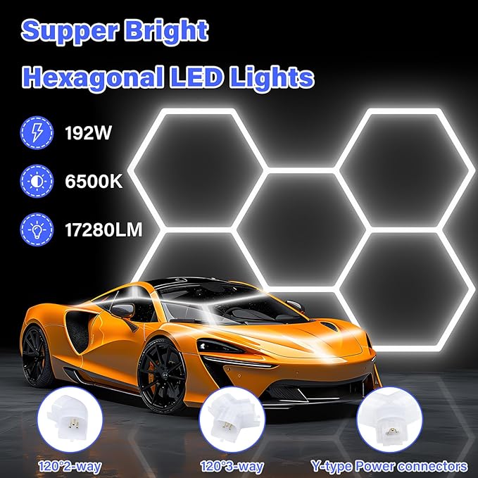 Hexagon Garage Lights - 3 Level Dimmable Hexagon Lights, Upgraded Brightness LED 192W ,6500K 25650LM Honeycomb light for Shop, Garage, Car Detailing,Workshop, Basement,Gym, Barber