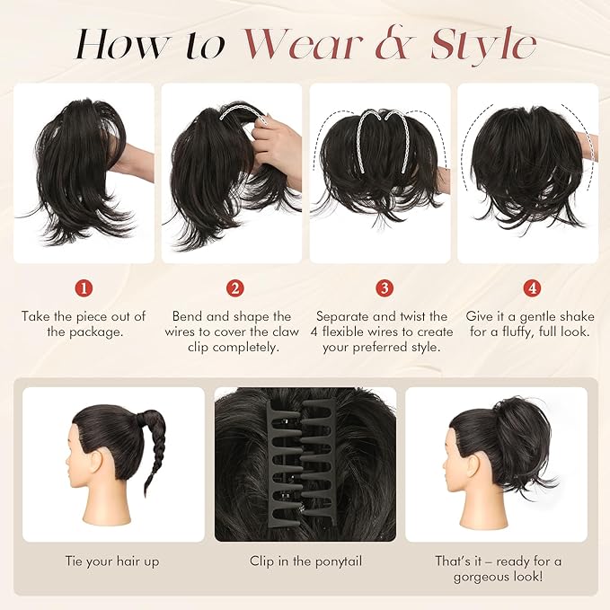 SOFEIYAN Claw Clip Short Ponytail Extension DIY Bendable Wires Hair Bun Fluffy Fake Hair Piece Straight Synthetic Hair Ponytail Extensions for Wonen - Black Brown