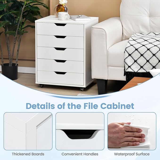 File Cabinet, Mobile Filing Cabinet w/Universal Wheels & 5 Drawers, Wood Printer Stand with Storage, Rolling File Cabinets for Home Office, Living Room, Bedroom (White, 5 Drawers)