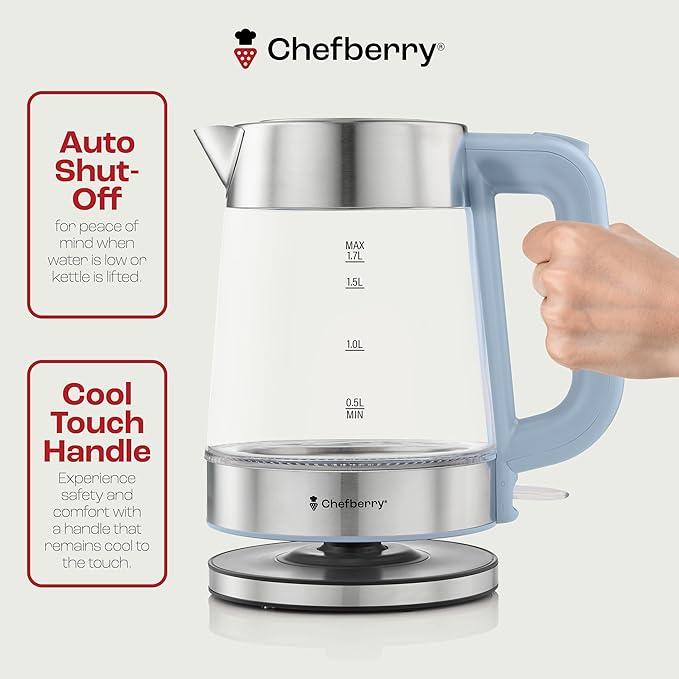 Electric Kettle for Boiling Hot Tea & Water | 1.7L Stainless Steel Borosilicate Glass Boiler With No Plastic, Automatic Shutoff, BPA Free, Fast Heating Technology (Blue)