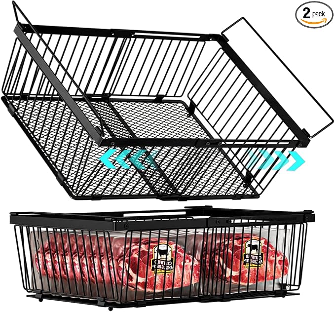 Large Freezer Organizer Bins，Upgraded Bottom Leak-Proof net，Fit 10 to 20 Cu.Ft Deep Freezer，2 Pack， Expandable Stackable Chest Freezer Organizer Bins , for Fridge, Deep Freezer, Cabinet