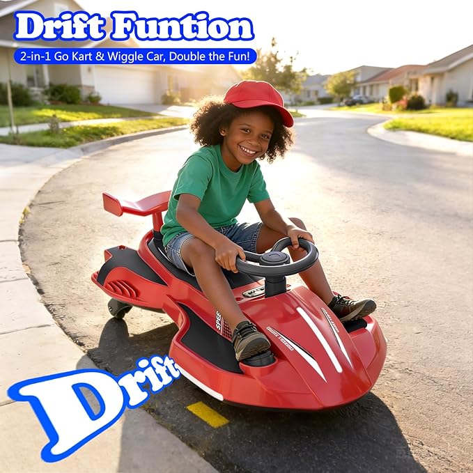 12V Electric Wiggle Car Ride On Toy, Swing Car with Pedal, for Kids from Ages 3 and Up, Birthday Gifts for Boys and Girls, Anti-Rollover, Flashing Wheels, Bluetooth(Black+Red)
