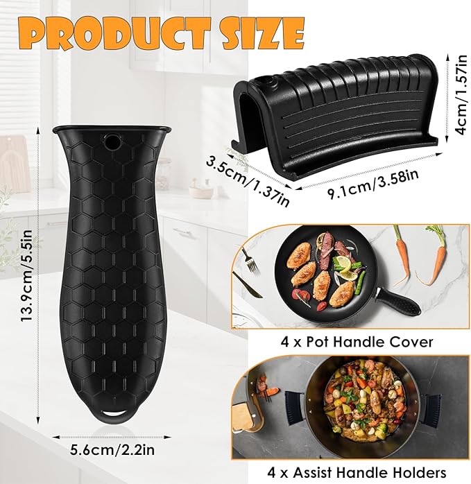 8 Pack Silicone Hot Handle Holders, Cover Cast Iron Handle Cover, Heat Resistant Assist Pan Handle Sleeve for Frying Pan, Non-Slip Pot Holder Sleeve, Potholder for Cast Iron Skillets(Black)