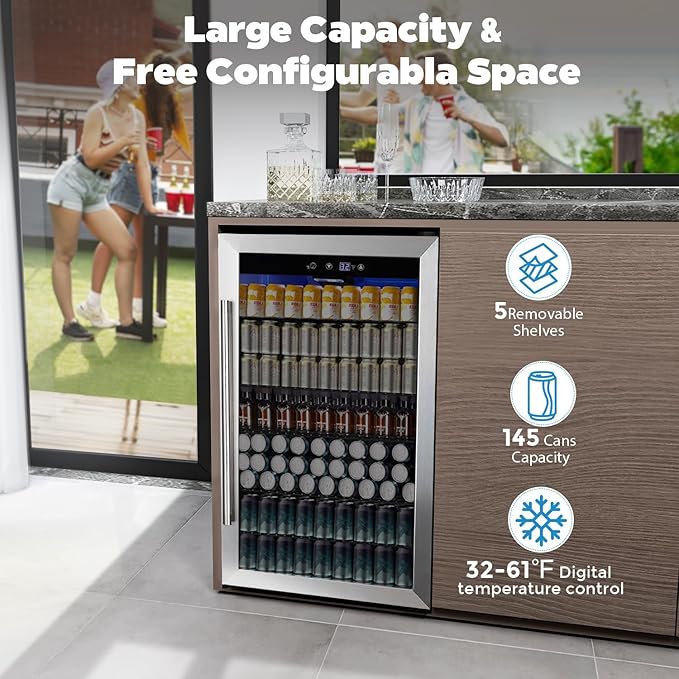 COWSAR 4.5 Cu.Ft Wine Fridge 37 Bottle, ETL Approved Freestanding Wine Cooler 145 Can Beverage Refrigerator with Stainless Steel Reversible Glass Door, Drink Fridge for Home Bar, Kitchen, Game Room