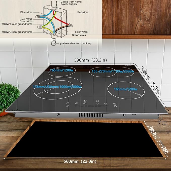 Karinear 4 Burners Electric Cooktop 24 Inch, 220-240v Built-in Electric Ceramic Cooktop with Glass Protection Metal Frame, Expandable Burners, Slider-Touch Control, Multi-function Elecric Stovetop
