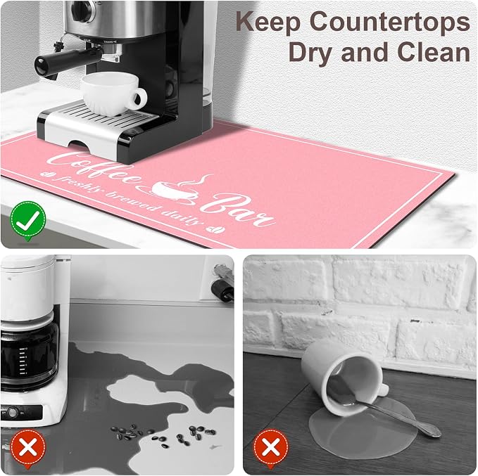 CooRug Fashion Coffee Mat, Dish Drying Mat 16" x 24" Pink | Hide Stain - Image 3