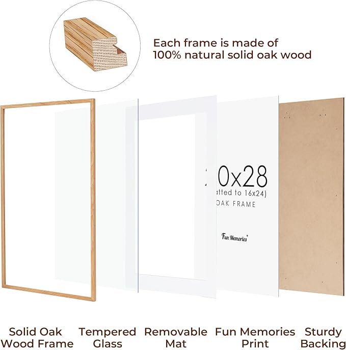 20x28 Oak Wood Picture Frame, 20"x28" Poster Frame for Wall, 20x28 Picture Frame with Mat for 16x24, Solid Oak Wood Photo Frame 20 x 28 with Tempered Real Glass (Natural Oak Color, 1 Pack)