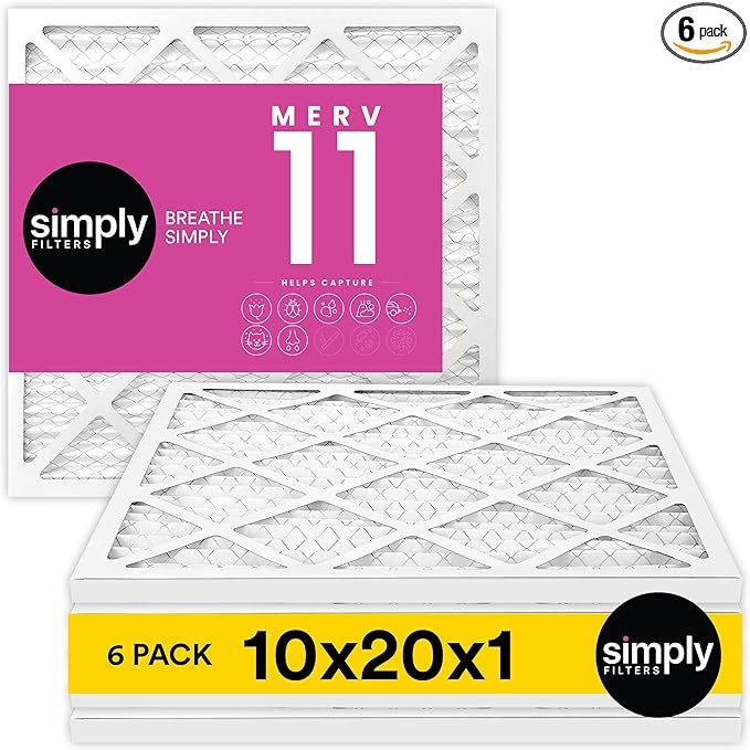 Simply 10x20x1 Air Filter, Merv 11, 6 Pack, For Home AC Furnace & HVAC (Actual Size: 9.75"x19.75"x0.75") DUST, Pet, & Allergy Control