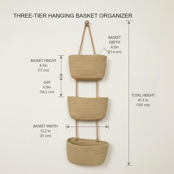 3-Tier Over the Door Hanging Basket, Cotton Rope Woven Decorative Hanging - Image 2