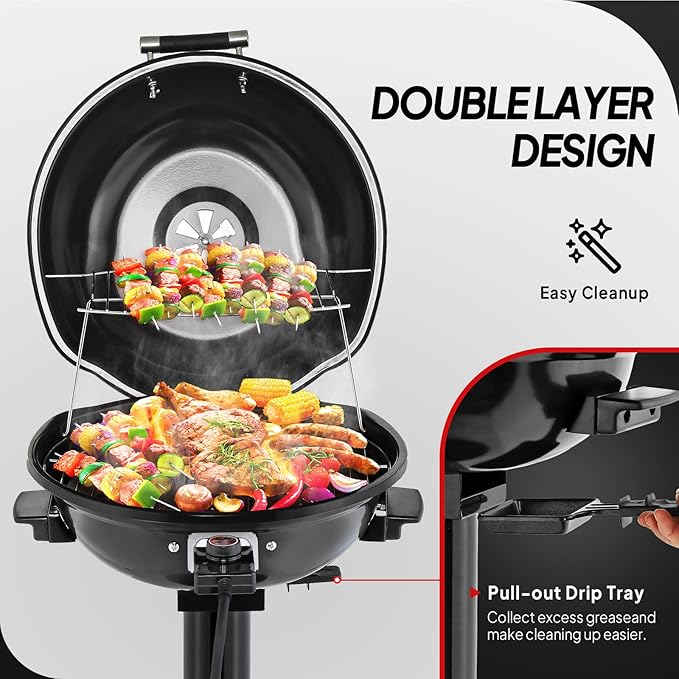 ROVSUN 1600W Vertical Electric Grill with Lid, Black 304 Stainless Steel Grill w/Detachable Pull-out Drip Tray, Double Layer Design, Portable & Removable, for Indoor and Outdoor Use