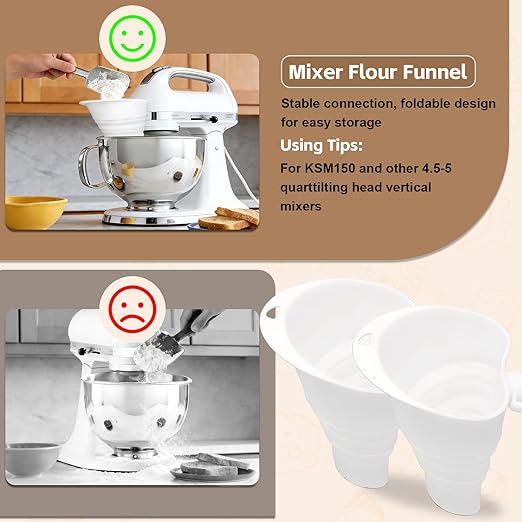 Flour Funnel for Kitchen Aid Stand Mixer 2 Pack, Silicone Stand Mixer Attachment, Spill Proof Ingredient Chute for Kitchen Aid Artisan, Foldable, BPA-Free