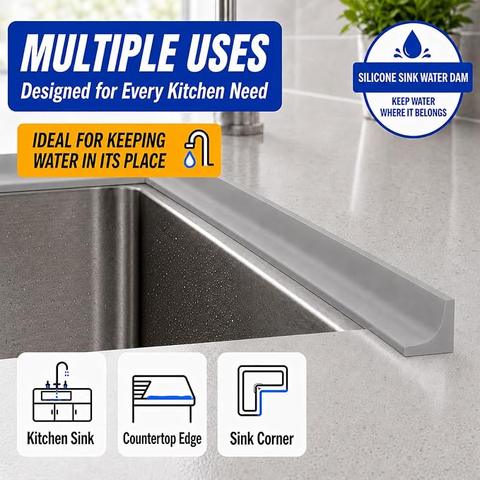 Grey Kitchen Sink Splash Guard and Bathtub Water Barrier, 39 in | Flexible - Image 3
