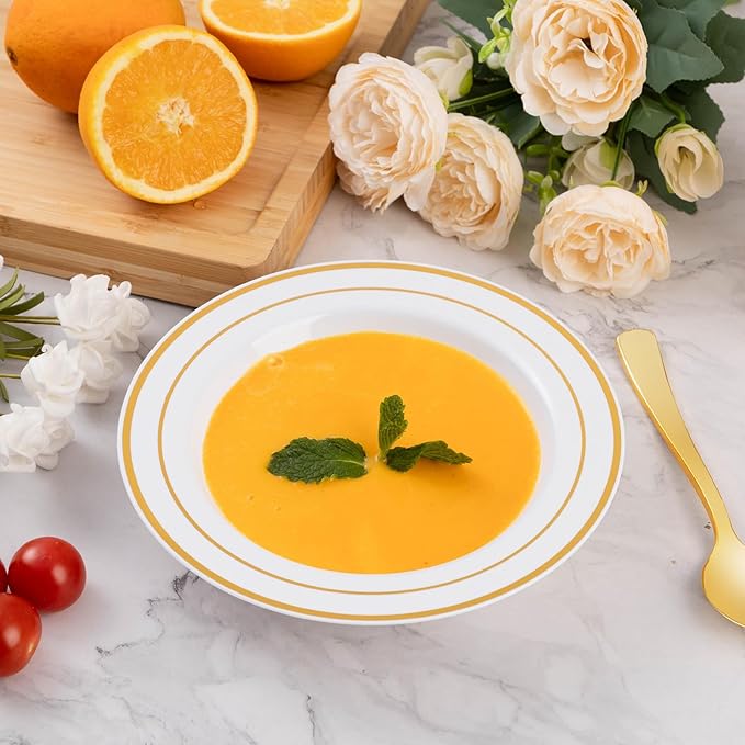 Goodluck 25 Pack Plastic Bowls with Gold Rim, 12oz Disposable Soup Bowls, Heavy Duty Dessert Bowls for Weddings, Parties, Dinners, Catering, Thanksgiving and Everyday Use