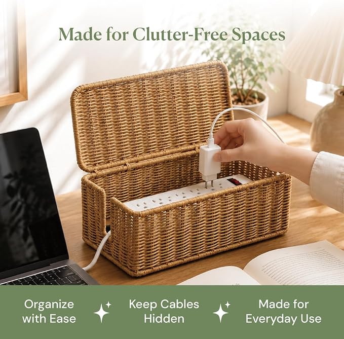 Cable Management Box, Handmade Rattan Cord Organizer - Image 9