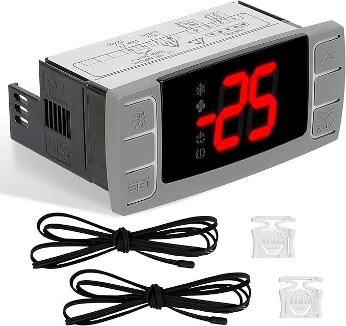 32-bit Enhanced XR02CX-4AAFBL Temperature Controller, Replaces Dixell XR02CX for 110-125V 50-60Hz Commercial Fridges/Freezers, Programmable Digital Thermostat, Voltage Protection & Reset, Red Screen