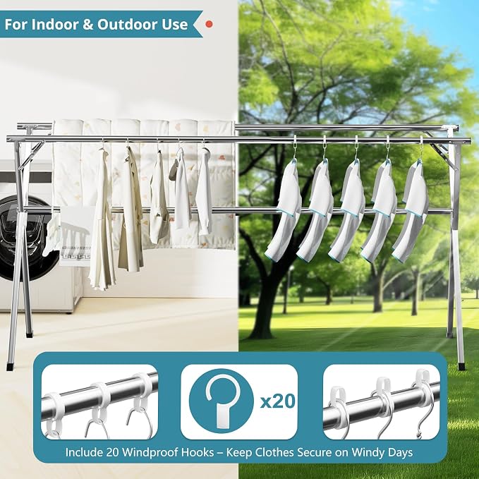 63 Inches Clothes Drying Rack, Drying Rack Clothing Folding Indoor Outdoor - Image 4