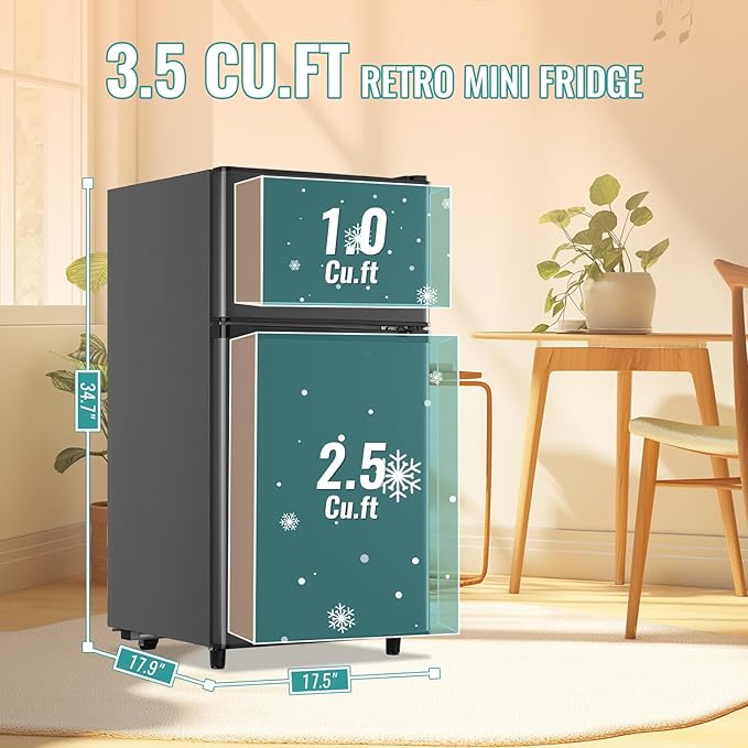 WANAI 3.5 Cu.Ft Mini Fridge with Freezer, Compact Refrigerator for Office, Dorm, Apartment, 7-Level Adjustable Thermostat, 2 Removable Shelves and Bakset, Small Fridge in Dark Gray