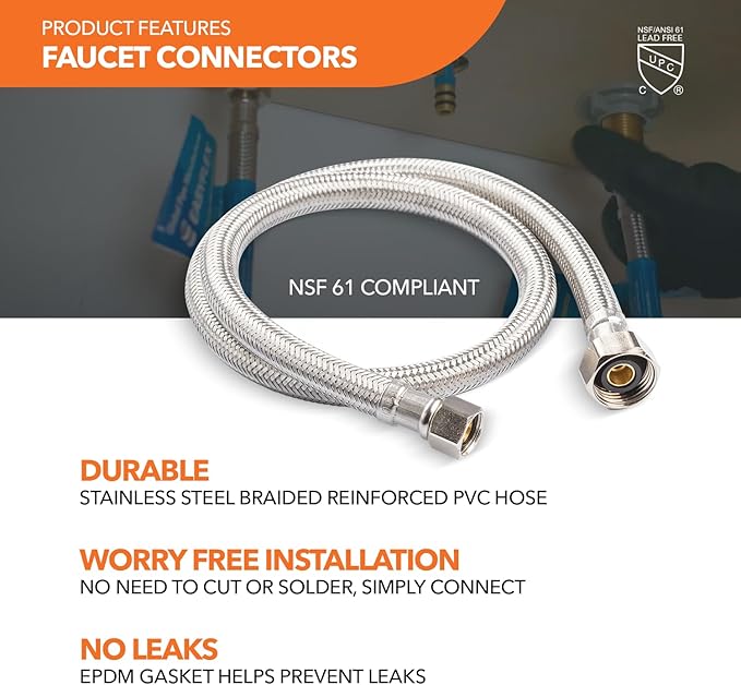 Stainless Steel Braided Water Connectors with Reinforced PVC Inner Hose for Faucets, 3/8" Compression x 1/2" FIP, 12" Length (5Pack)