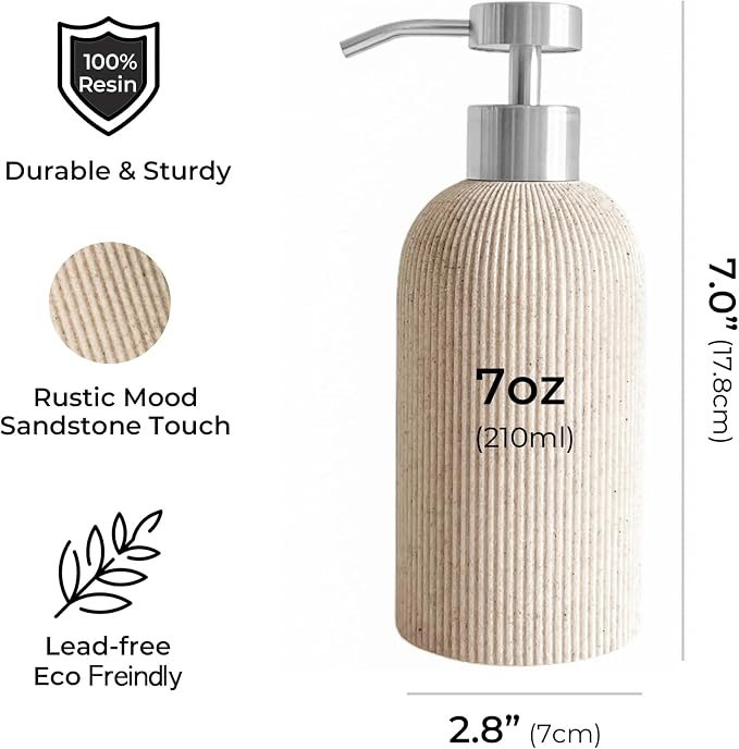 Sand Beige Soap Dispenser with Stainless Steel Pump, 11oz | Luxury Farmhouse - Image 3