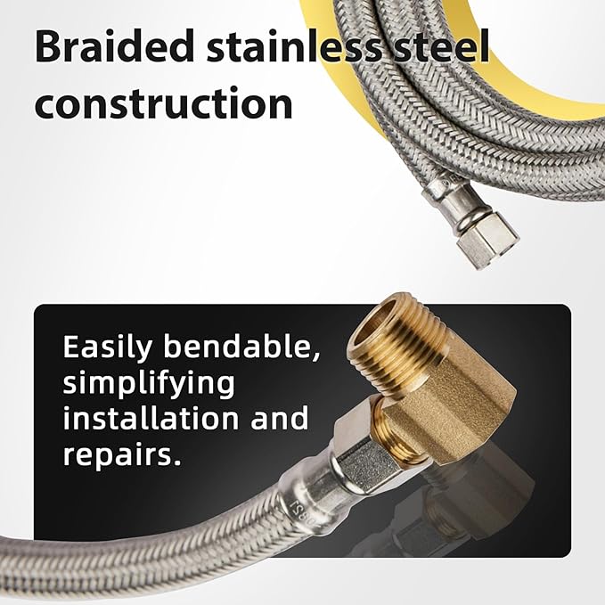 1 Pack Foskan 4FT Stainless Steel Dishwasher Hose With 3/8" Comp x 3/8" MIP 90° Elbow,Flexible Water Line Connector for Standard Dishwashers(HOSE059)