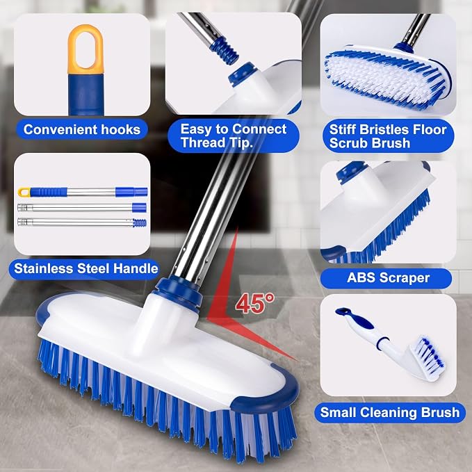 Floor Scrub Brush with Long Handle, 2 in 1 Deck Scrub Brush, Stiff Bristle - Image 3