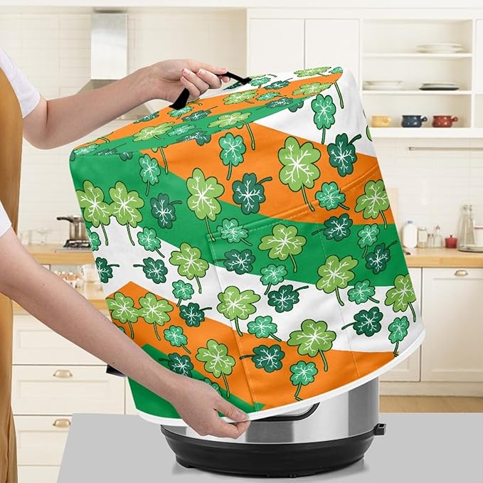 St.Patrick's Day Insulated Pressure Cooker Appliance Cover, Also Fit for Rice Cooker, Air Fryer and Crock Pot, 3 Qt Dust Cover with Pocket for Spoon/Cooking Utensils/Recipes,Green Leaves